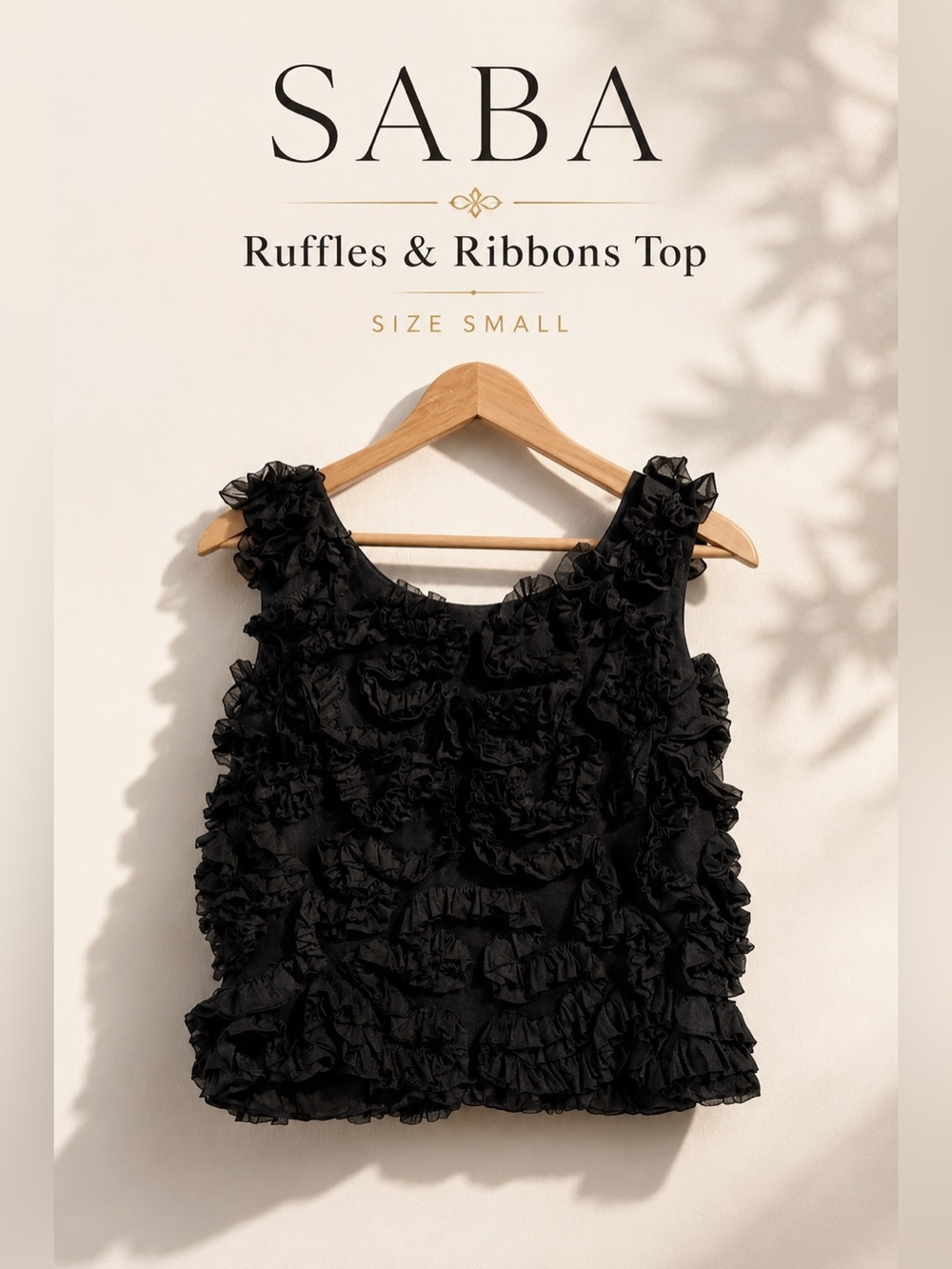 Saba JRS California Black Ruffle Ribbon Sleeveless Top Size Small